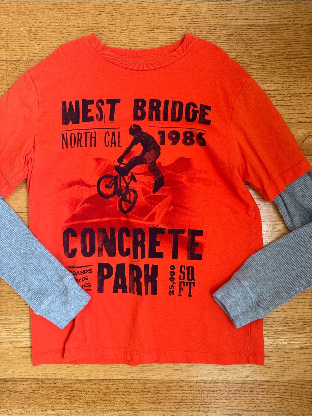 GAP Orange Long-Sleeve Faux Layered Tee with Gray Thermal Sleeves